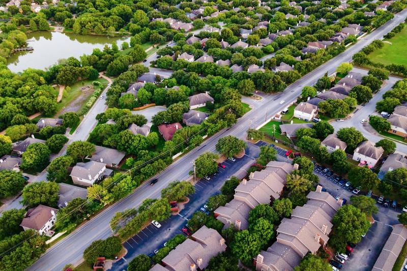 Buildings road lake